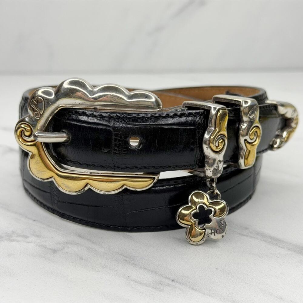 Vintage Womens Brighton Black Croc Leather Belt Hope Flower Charm Small (S) ✨
